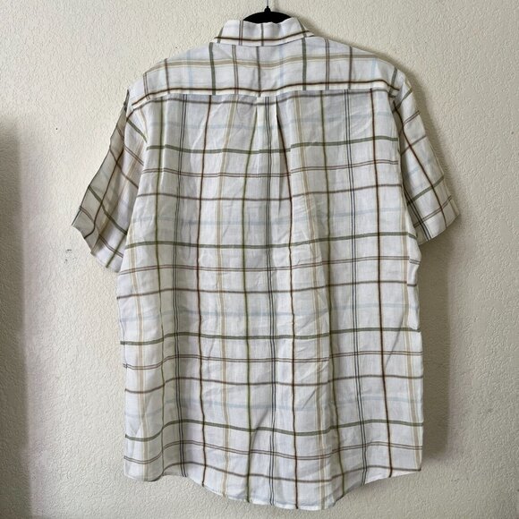 Tasso Elba Mens Medium Ivory Checked Linen Casual Button Up Shirt Short Sleeve - Picture 2 of 7